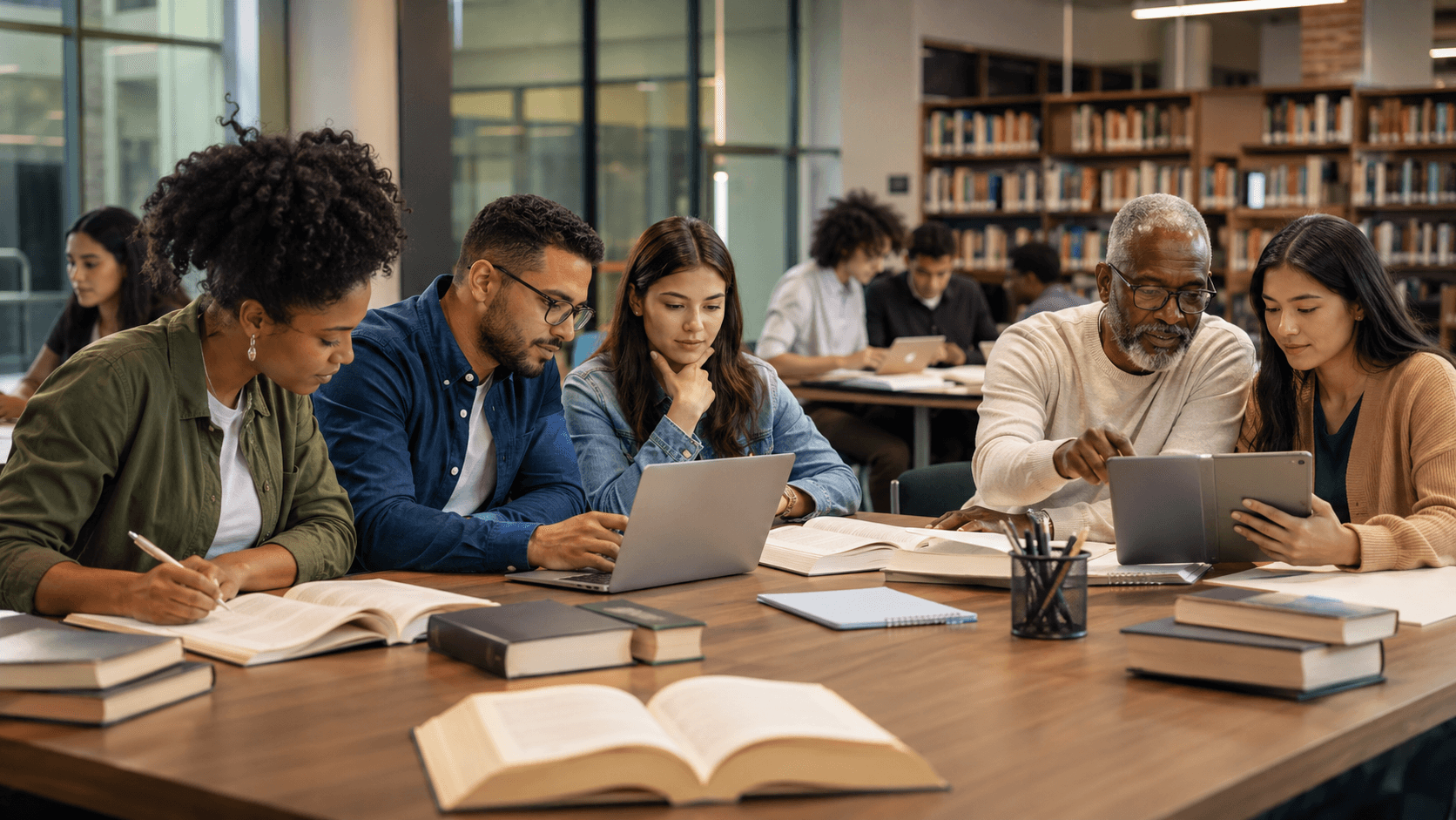 Alunos e professores pesquisando em livros, tablets e computadores em uma biblioteca