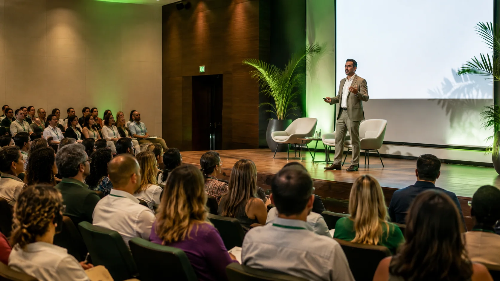 Palestra educacional em auditório contemporâneo